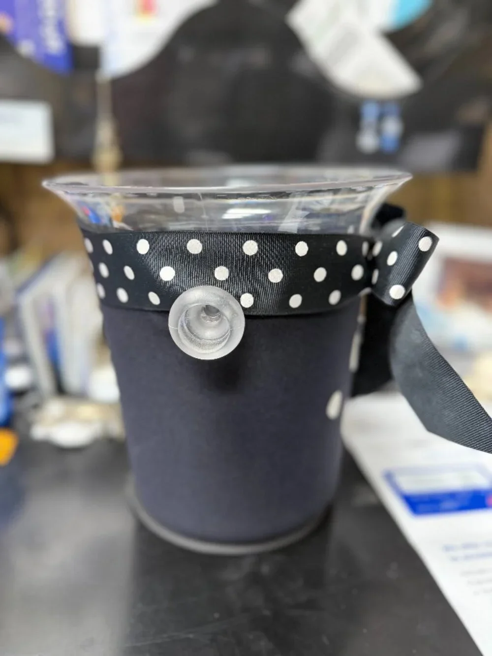 Vintage Fabric Insulated Ice Bucket Black Polka Dot Bow Embroidered Barware